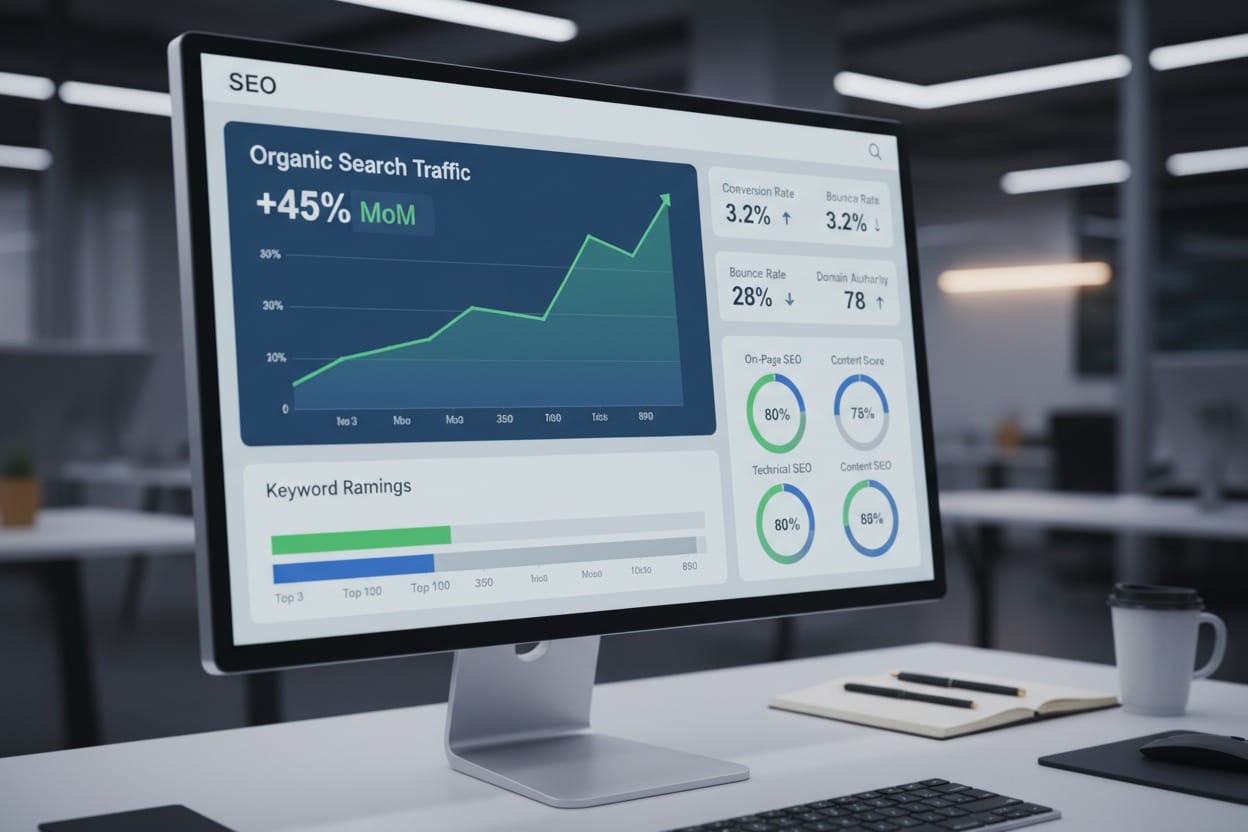 A computer monitor on a desk displays an SEO dashboard with charts showing a 45 percent increase in organic search traffic.
